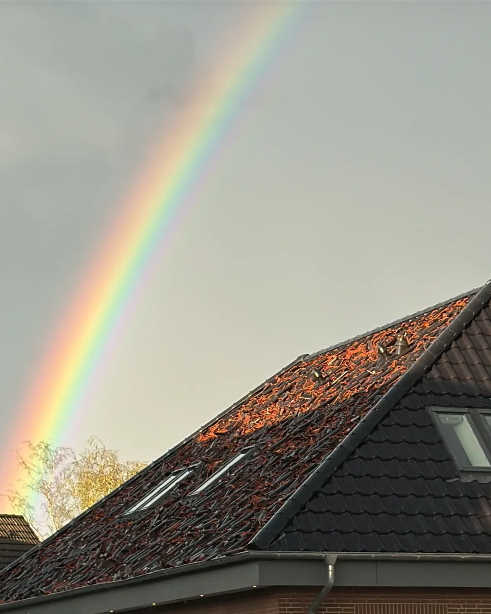 Regenbogen über einem Satteldach, dessen Ziegel auf einer Seite fast vollständig zerschlagen sind
